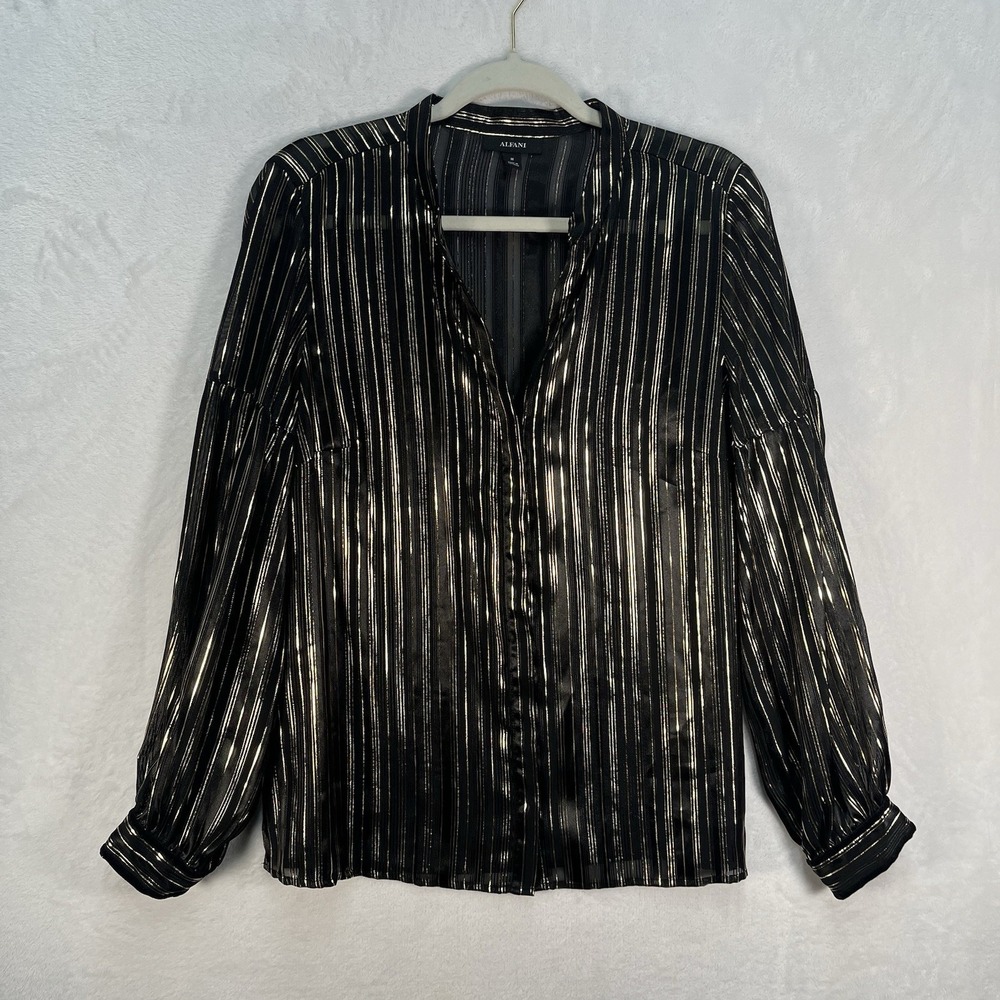 Alfani Vneck Button Up Blouse Womens Medium Metallic Striped Sheer Career Work